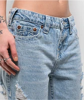 True Religion Bobbi Super Distressed Aqua Marine Mid Rise Baggy Jeans