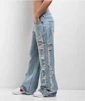 True Religion Bobbi Super Distressed Aqua Marine Mid Rise Baggy Jeans