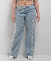 True Religion Bobbi Super Distressed Aqua Marine Mid Rise Baggy Jeans