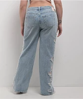 True Religion Bobbi Super Distressed Aqua Marine Mid Rise Baggy Jeans