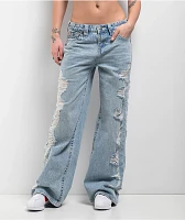 True Religion Bobbi Super Distressed Aqua Marine Mid Rise Baggy Jeans