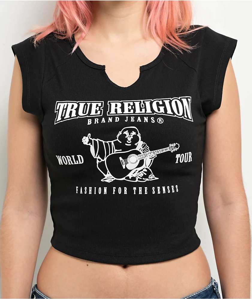 True Religion Buddha Logo Notch Rib Black Crop T-Shirt