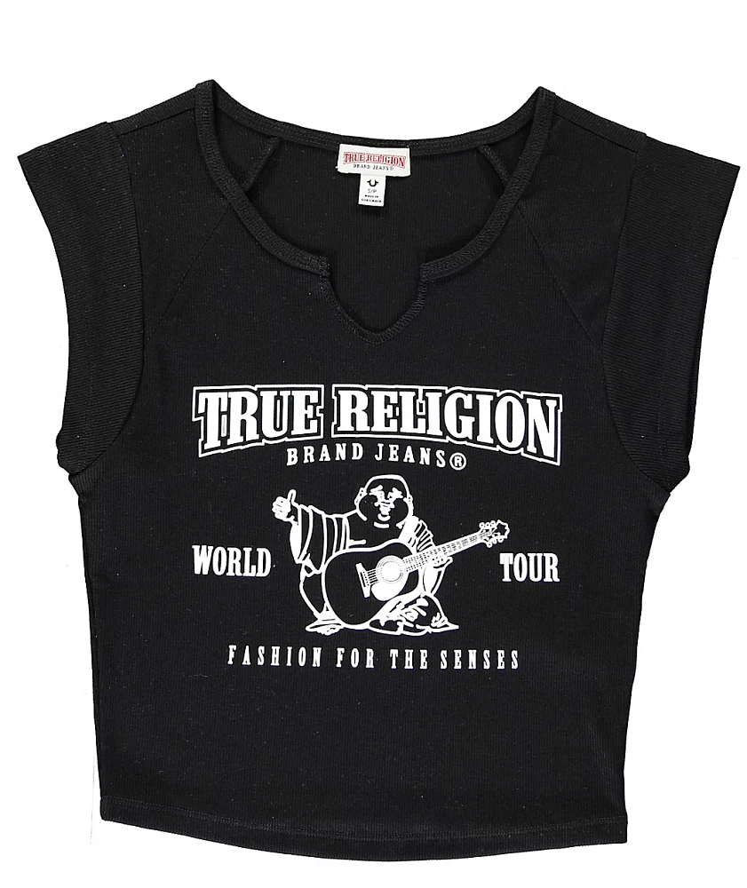 True Religion Buddha Logo Notch Rib Black Crop T-Shirt