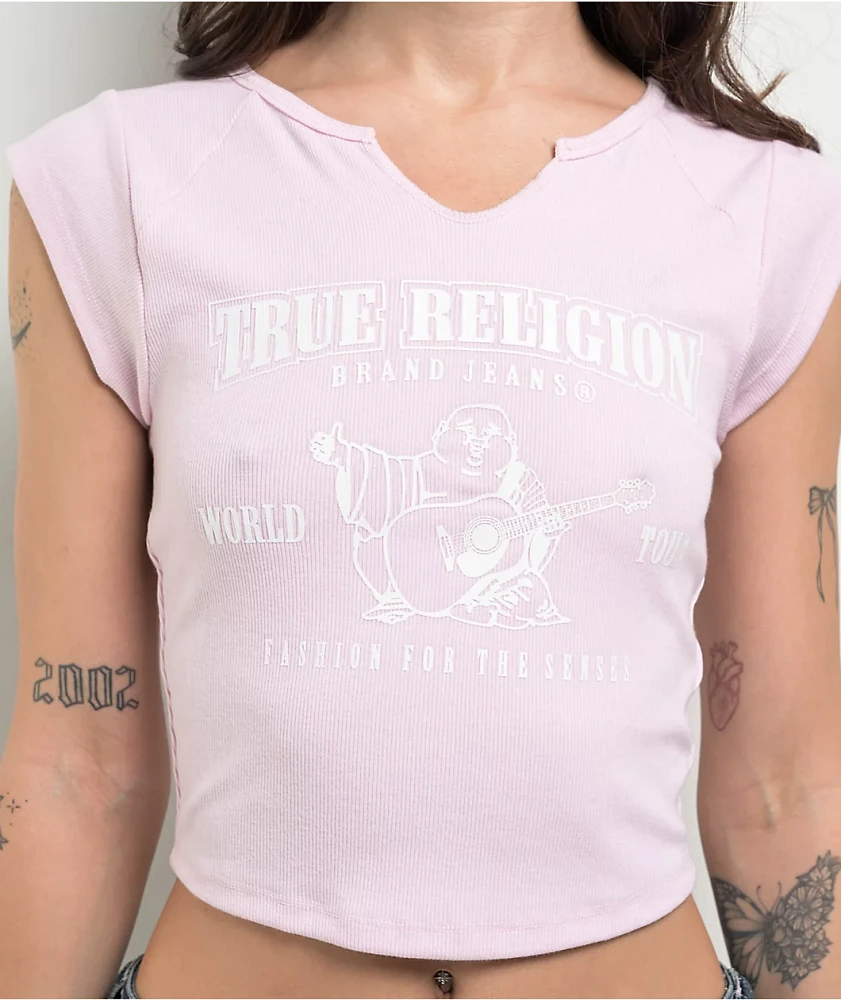 True Religion Buddha Logo Notch Rib Pink Crop T-Shirt