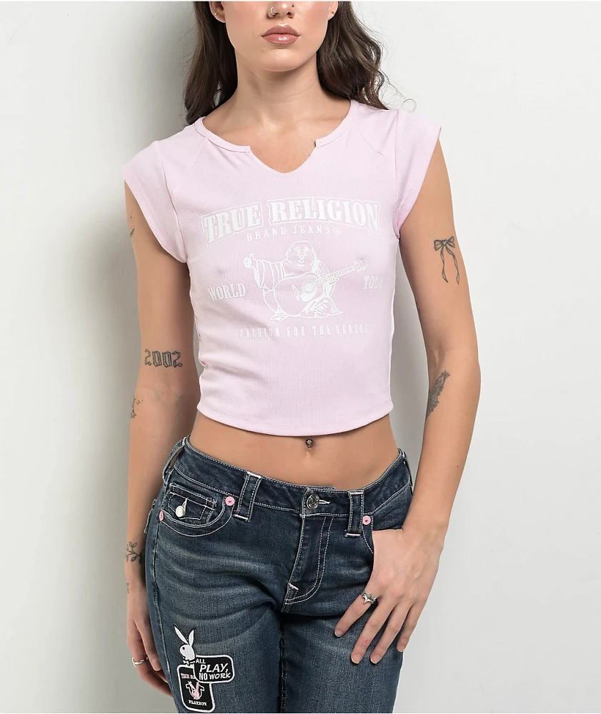 True Religion Buddha Logo Notch Rib Pink Crop T-Shirt