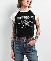 True Religion Buddha Logo Ringer Raglan Black Crop T-Shirt