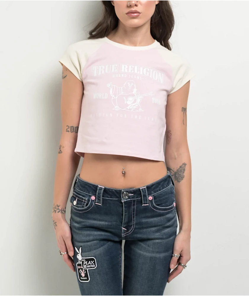 True Religion Buddha Logo Ringer Raglan Pink Crop T-Shirt