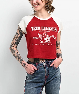 True Religion Buddha Logo Ringer Raglan Red Crop T-Shirt