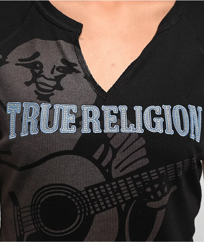 True Religion Crystal Buddha Logo Black Notch Rib Crop T-Shirt