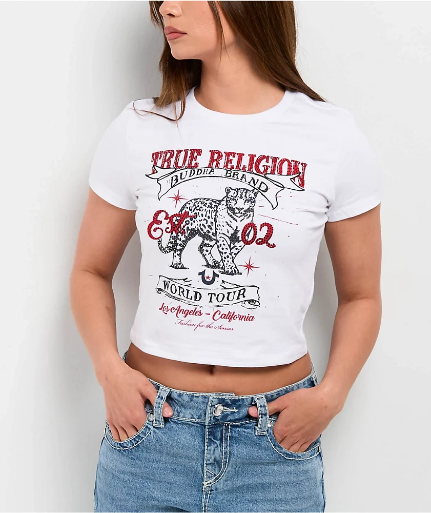 True Religion Crystal Leopard White Crop T-Shirt