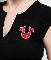 True Religion Crystal Logo Black Notch Rib Crop T-Shirt