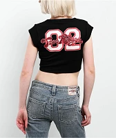 True Religion Crystal Logo Black Notch Rib Crop T-Shirt