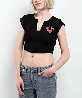True Religion Crystal Logo Black Notch Rib Crop T-Shirt