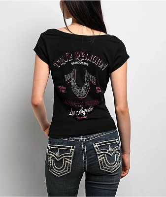 True Religion Crystal Low Plunge Black T-Shirt