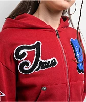 True Religion Crystal Patch Varsity Red Dahlia Crop Zip Hoodie