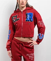 True Religion Crystal Patch Varsity Red Dahlia Crop Zip Hoodie