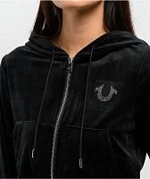 True Religion Crystal Shrunken Black Velour Zip Hoodie