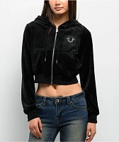 True Religion Crystal Shrunken Black Velour Zip Hoodie