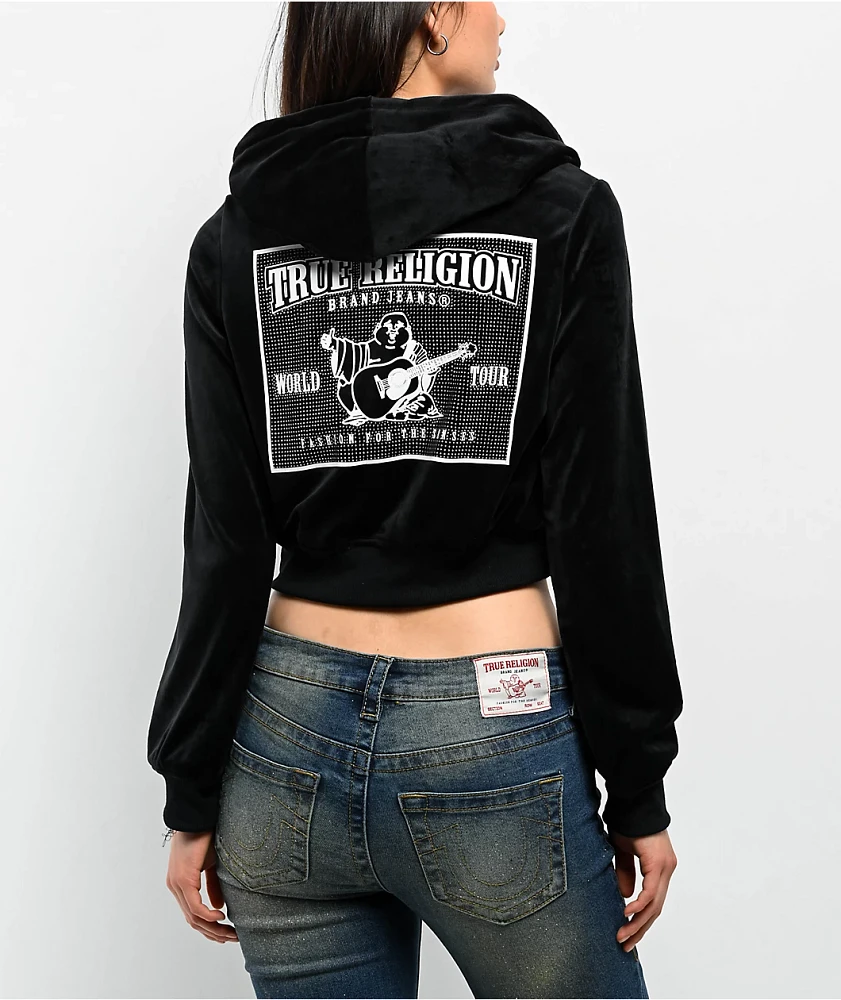 True Religion Crystal Shrunken Black Velour Zip Hoodie