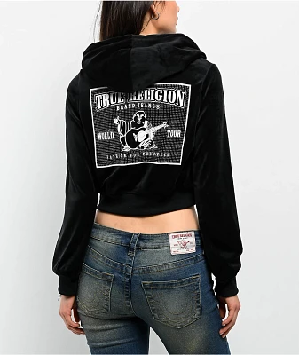 True Religion Crystal Shrunken Black Velour Zip Hoodie