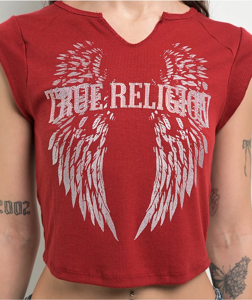 True Religion Crystal Wing Notch Rib Red Crop T-Shirt