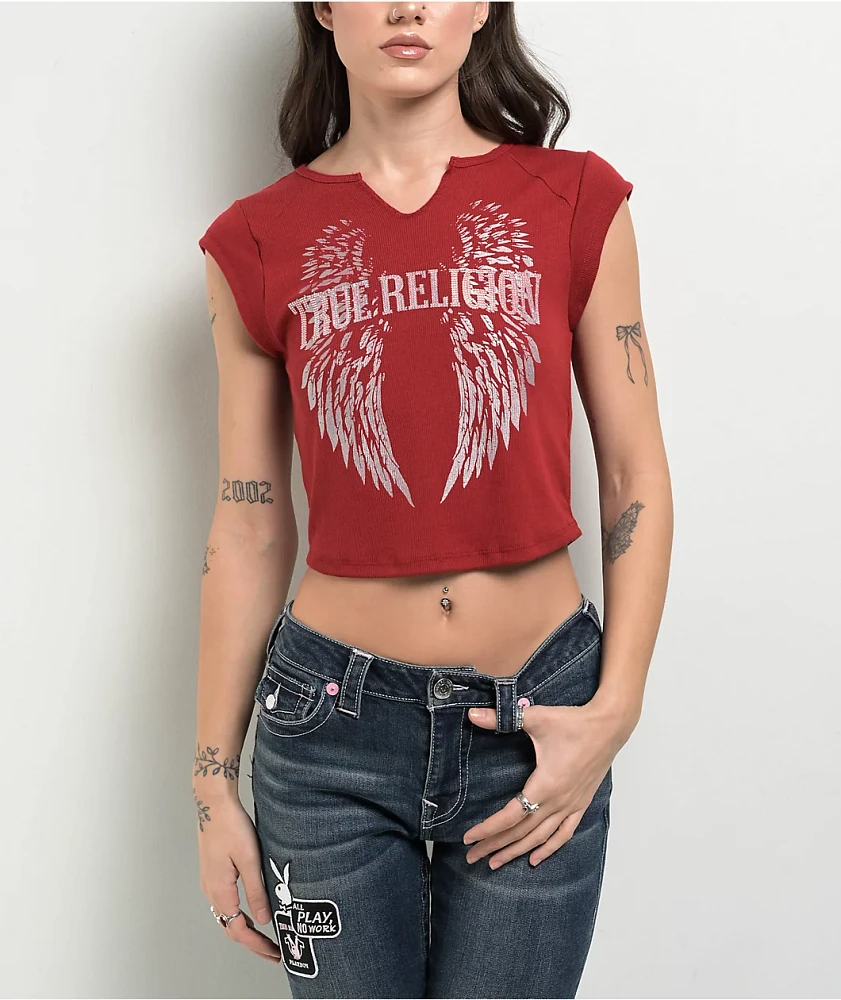 True Religion Crystal Wing Notch Rib Red Crop T-Shirt