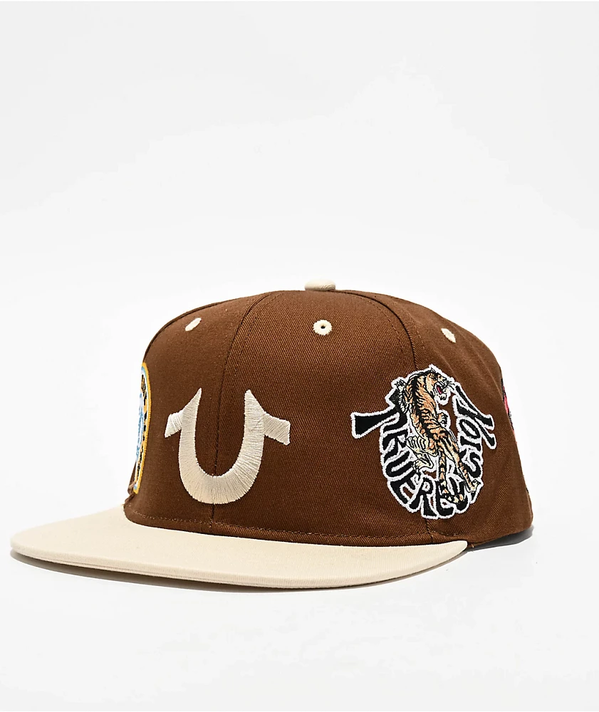 True Religion Embroidered Multi Logo Muse Dark Brown Snapback Hat