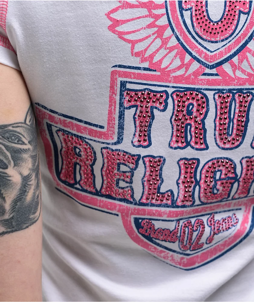 True Religion Flatlock Winged Crystal Logo White Crop T-Shirt