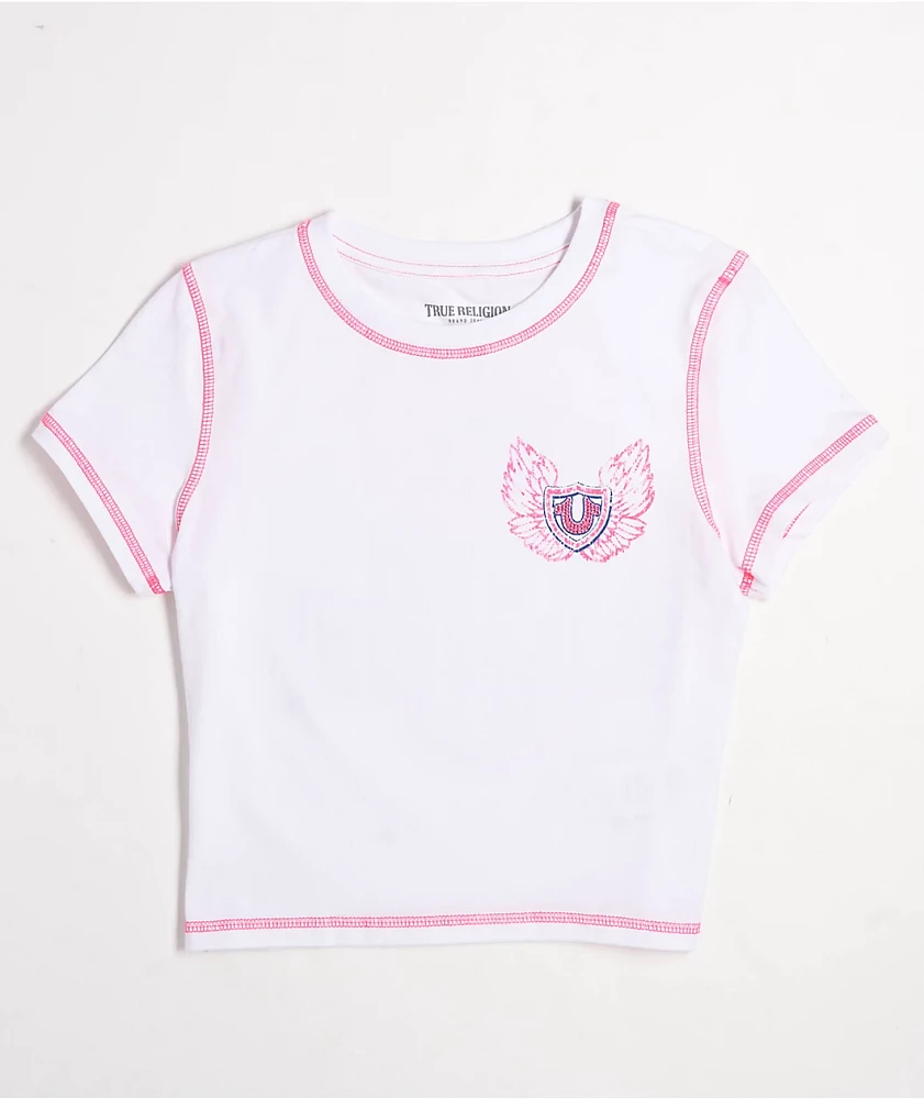 True Religion Flatlock Winged Crystal Logo White Crop T-Shirt