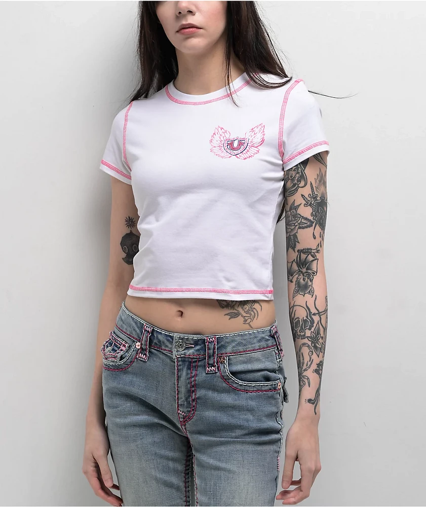 True Religion Flatlock Winged Crystal Logo White Crop T-Shirt