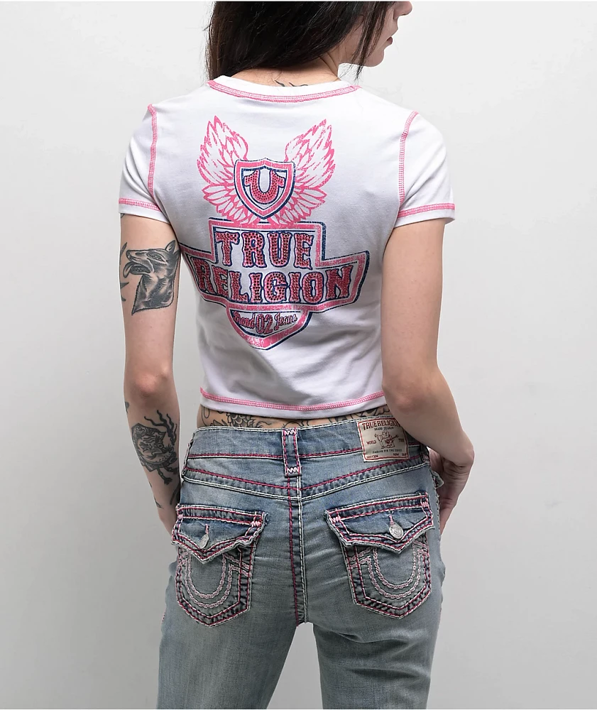 True Religion Flatlock Winged Crystal Logo White Crop T-Shirt