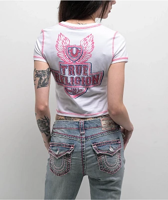 True Religion Flatlock Winged Crystal Logo White Crop T-Shirt