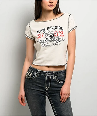 True Religion Heritage White Slash Neck Crop T-Shirt