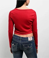 True Religion Horseshoe Logo Rib Rio Red Long Sleeve Crop T-Shirt