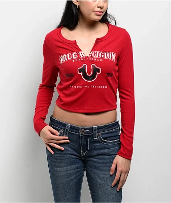 True Religion Horseshoe Logo Rib Rio Red Long Sleeve Crop T-Shirt