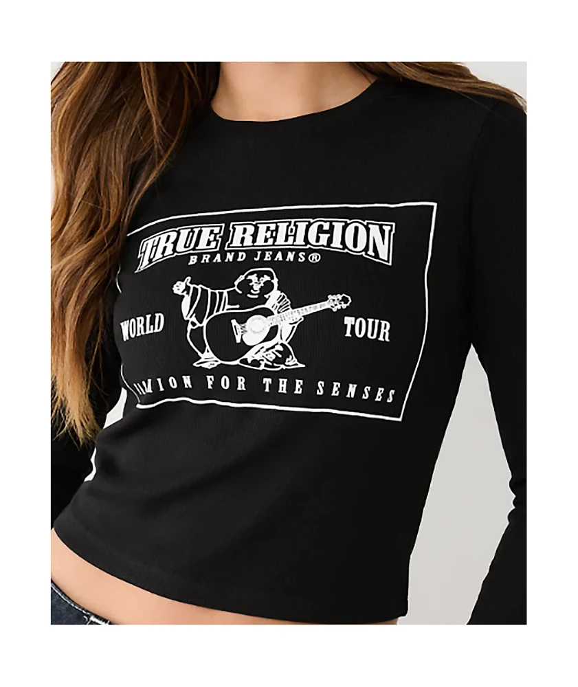 True Religion Logo Black Long Sleeve Crop T-Shirt