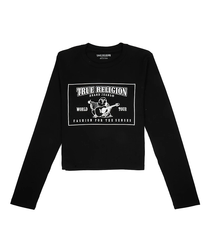 True Religion Logo Black Long Sleeve Crop T-Shirt