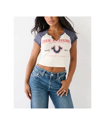 True Religion Logo Notch Winter White & Navy Raglan Crop T-Shirt