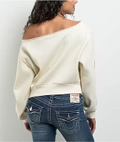 True Religion Off Shoulder Winter White Crewneck Sweatshirt