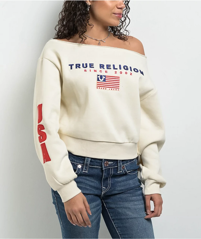 True Religion Off Shoulder Winter White Crewneck Sweatshirt