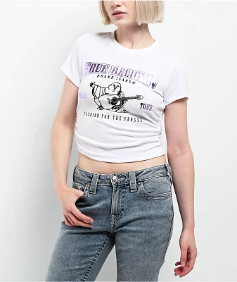 True Religion Ruched Metallic Logo White Crop T-Shirt