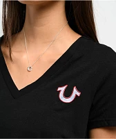True Religion Tropical Denim Horseshoe Black V-Neck T-Shirt