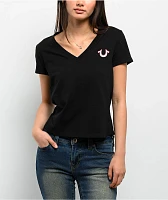 True Religion Tropical Denim Horseshoe Black V-Neck T-Shirt