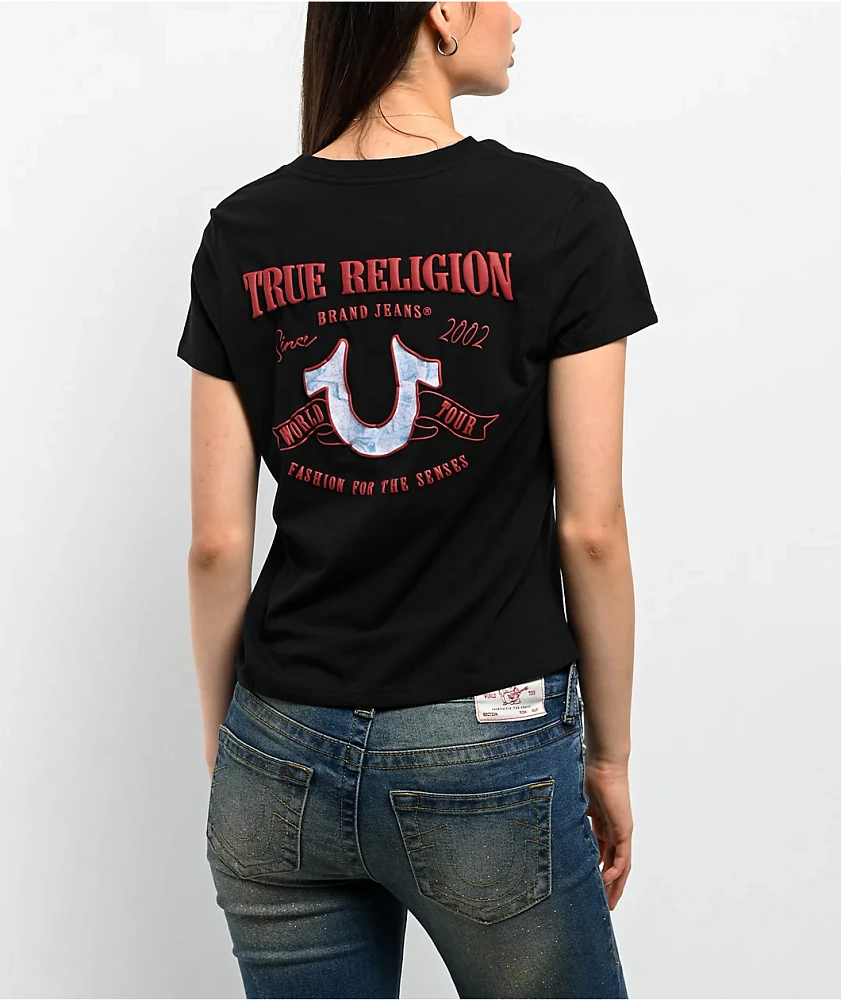 True Religion Tropical Denim Horseshoe Black V-Neck T-Shirt