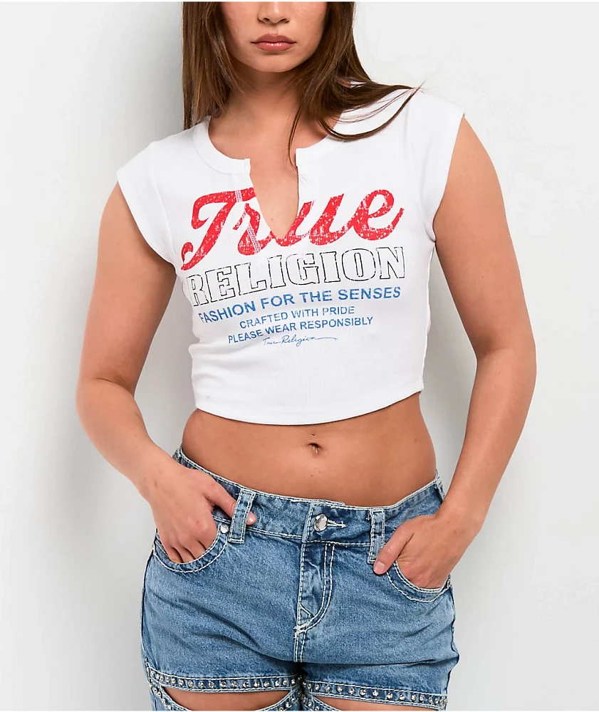 True Religion Vintage Logo Notch White Crop T-Shirt