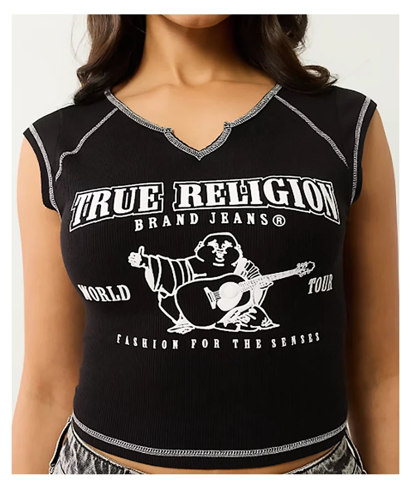 True Religion World Tour Notch Black Ribbed Crop T-Shirt