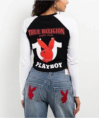 True Religion x Playboy Black & White Raglan Long Sleeve Crop T-Shirt