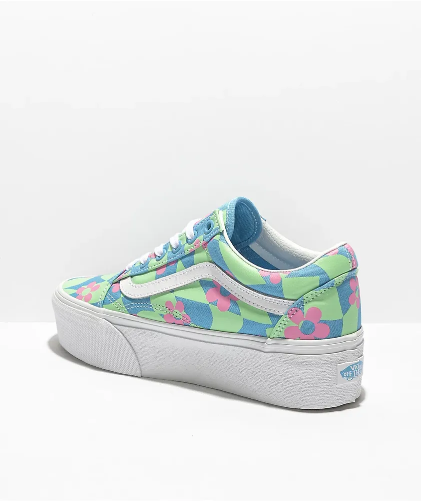 Vans Old Skool Stacked Checkered Floral Blue Platform Shoes