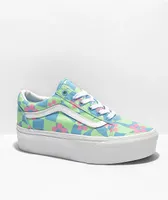 Vans Old Skool Stacked Checkered Floral Blue Platform Shoes