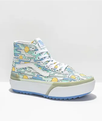 Vans Sk8-Hi Stacked Mint, Blue & Yellow Sunwaves Platform Shoes